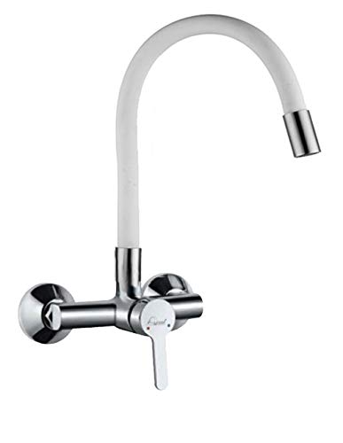 Aquieen Wall Mounted Single Lever Sink Mixer with provision for hot & cold water with 360 degree hi-neck spout, connecting legs & wall flanges (Fusion - White)
