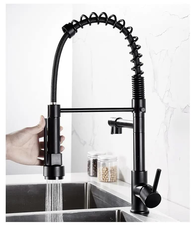 Aquieen Spring Style Table Mounted Kitchen Sink Mixer with Connecting Hoses (Matte Black)