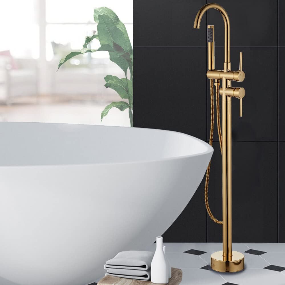 Aquieen Free Standing Floor Mounted Bath Tub Filler with Provision for Hot & Cold Water (Gold)