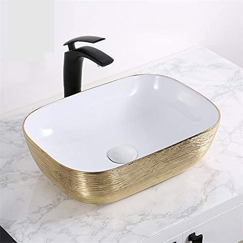 Aquieen Table Mounted Bathroom Wash Basin (White+Golden With Glossy Finish)