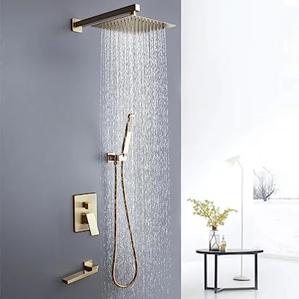 Aquieen Wall Mounted Diverter Body with 8" Shower, Spout, Hand Shower Hook & Tube (Brushed Gold)