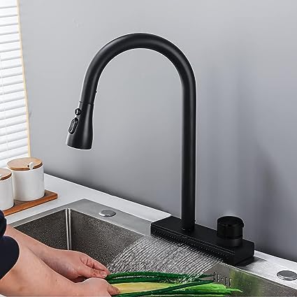 Aquieen Table Mounted Hot & Cold Waterfall Pull Out Kitchen Sink Mixer with Connecting Hoses (Black)