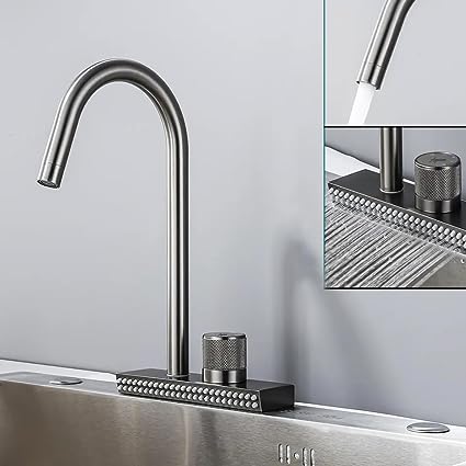 Aquieen Table Mounted Waterfall Slim Kitchen Sink Mixer with Connecting Hoses (Gun Gray)