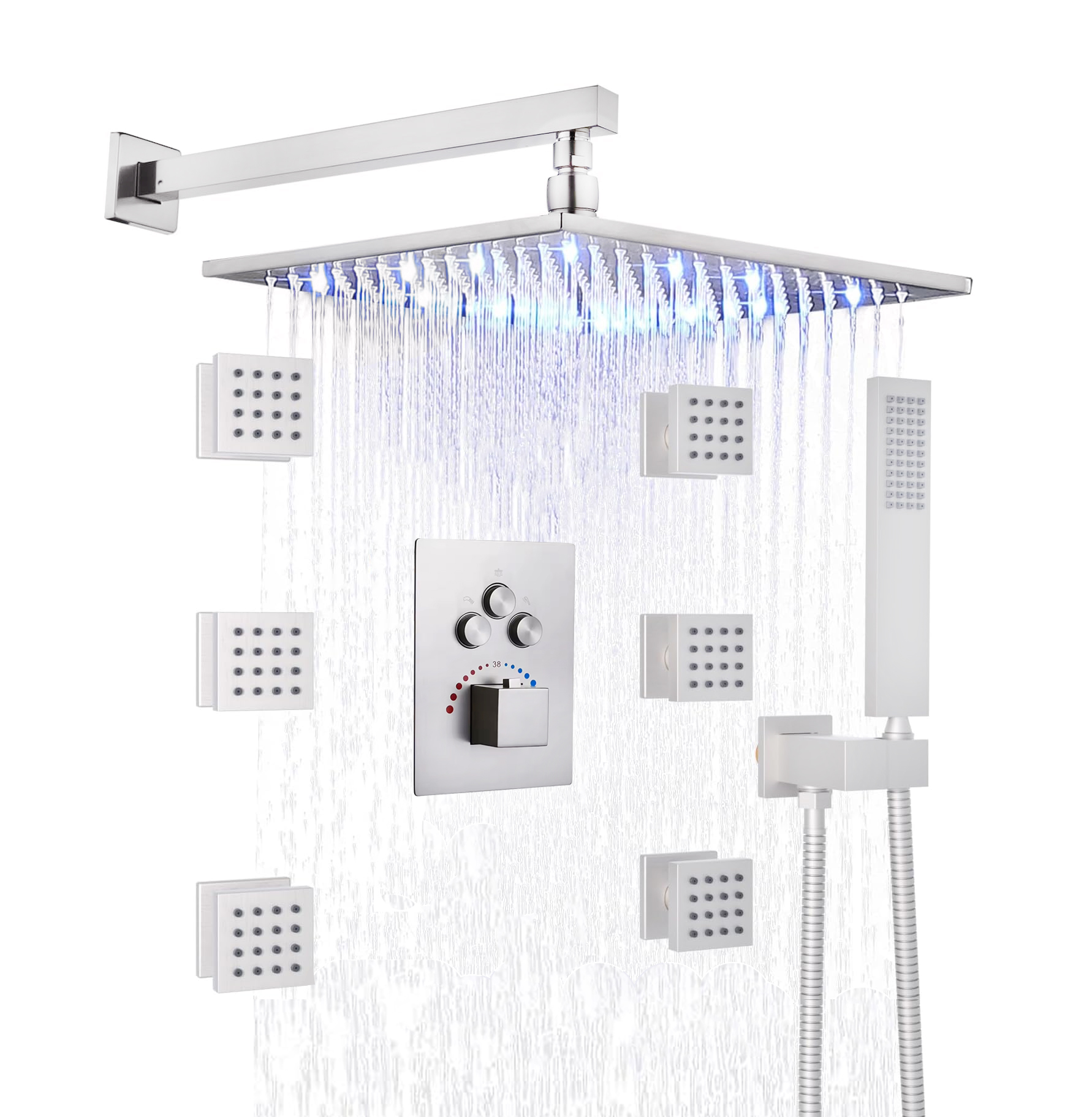 Aquieen Wall Mounted 3 Way Thermostatic Diverter Set with 24" LED shower, Hand Shower & 6 body Jets 3006