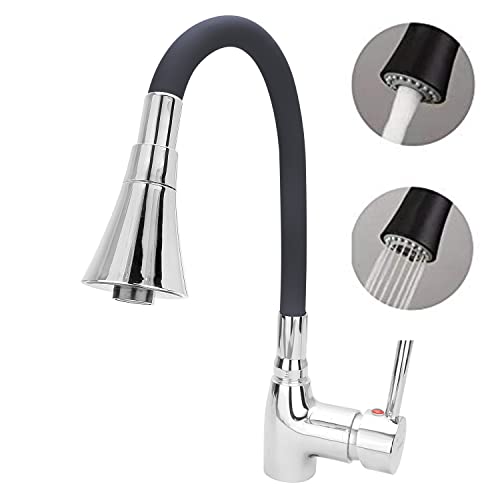 Aquieen Pull Out Kitchen Sink Mixer with connecting hoses (Pull Out Kitchen Mixer Fusion) (Kitchen Mixer Fluid Black Chrome)