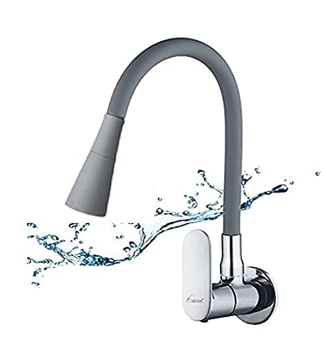 Aquieen Cuff Wall Mounted Sink Cock with Wall Flange & Flexible Spout (Grey Shower) (Double Flow)